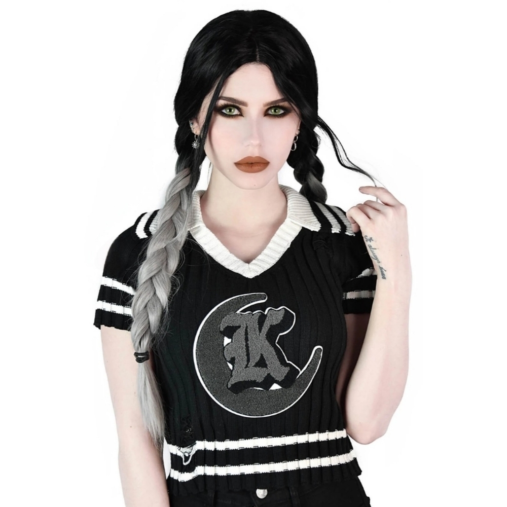 Killstar ✦ Gloomsday Knit Varsity Crop Top ✦ V‑Neck Appliqué Alt‑Core Sz S NWT
